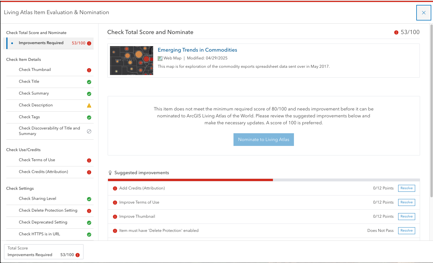 An example item in the "Evaluate & Nominate" app shows details about recommended improvements.